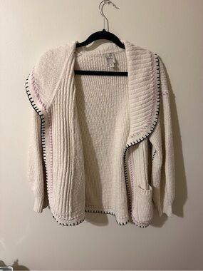 Maeve Cream Open-Front Hooded Cardigan with Contrast Trim